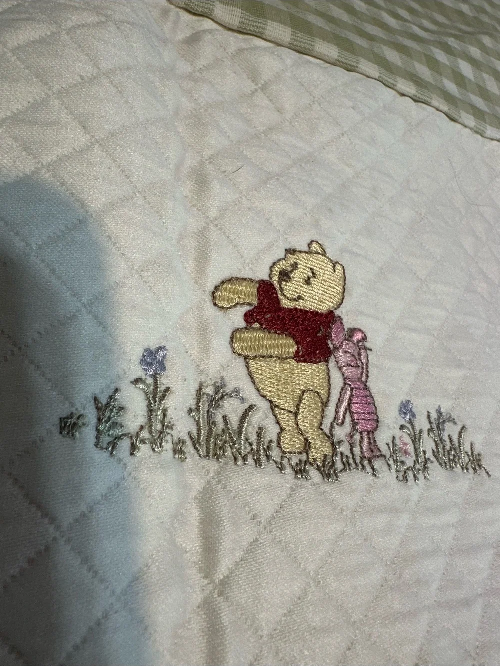 Quilted Winnie the Pooh patchwork window valances  in White and Sage Green